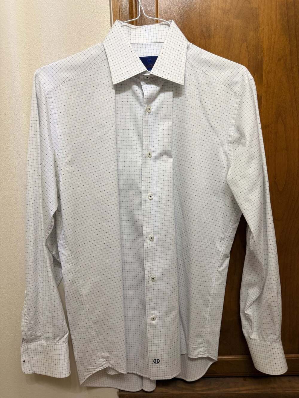 David Donahue Men's Long Sleeve Dress Shirt in White with Grid Pattern